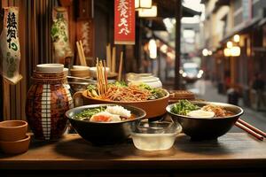 Ramen Geschäft mit Schalen gefüttert hoch, jeder präsentieren ein anders Ramen Vielfalt, japanisch Restaurant Ambiente foto