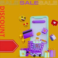3d Design Hintergrund Verkauf, Rabatt, Einkaufen mit Smartphone Kopieren Raum Bereich foto