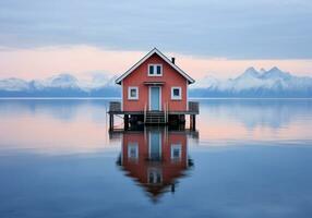 ein wenig Haus im das Mitte von das Wasser mit Berge im das Hintergrund. Farbe Palette mit das Wesen von Natur. Winter Zeit. ai generativ foto