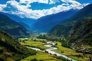 schön Aussicht von das Senke und das Fluss im das Himalaya, szenisch Aussicht von das paro Schlucht, ai generiert foto