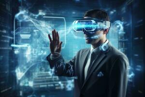 Geschäftsmann tragen virtuell Wirklichkeit Brille gegen Blau Technologie Schnittstelle auf dunkel Hintergrund, Wissenschaftler tragen virtuell Wirklichkeit Brille gegen Medien Bildschirm Hintergrund 3d Wiedergabe, ai generiert foto
