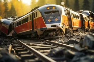 Zug auf das Eisenbahn Spuren im das Herbst Wald. selektiv Fokus, ernst Schiene Unfall, ai generiert foto