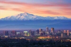 Denver Horizont beim Sonnenuntergang, Colorado, vereinigt Zustände von Amerika, Santiago Chile Stadtbild, ai generiert foto