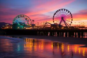 Sonnenuntergang beim das Amüsement Park im san Franz, Kalifornien, USA, Santa Monica Seebrücke beim Sonnenuntergang, ai generiert foto