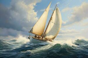 Segelboot im das Meer. 3d Illustration. Jahrgang Stil, segeln Boot auf Rau Wasser, ai generiert foto