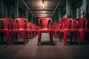 Reihe von rot Plastik Stühle im ein leeren Zimmer. getönt, rot Stühle gefüttert oben im ein Reihe im ein Zimmer, ai generiert foto