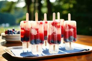 hausgemacht Eis Sahne Eis am Stiel mit Beeren auf hölzern Tisch, draußen, rot Weiß und Blau Eis am Stiel auf ein draussen Tisch, ai generiert foto