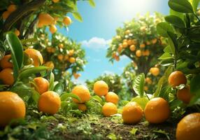 Illustration mit Detail von ein Orange Obstgarten. generiert ai foto
