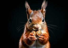 realistisch Nahansicht Porträt von ein rot Eichhörnchen auf dunkel Hintergrund. ai generiert foto