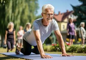 Senior Menschen tun physisch Übung draußen im ein Park. gesund Leben Zeit. ai generiert foto