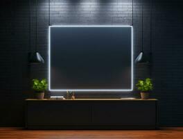 leeren 3d Base Neon- Licht modern Innere Mauer Hintergrund Vorderseite Aussicht ai generiert foto