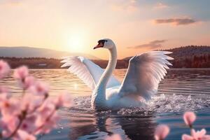 Schwan Verbreitung Flügel im das Fluss mit Fuji Berg hintergrund.generativ ai. foto