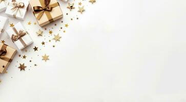 Weihnachten Weiß Hintergrund mit golden Geschenk Box und Sterne oben Aussicht foto