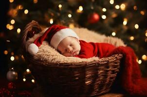 Weihnachten Neugeborene Foto schießen. Neugeborene, bedeckt mit ein rot Decke, Schlaf in der Nähe von das Weihnachten Baum und Girlanden. generativ ai