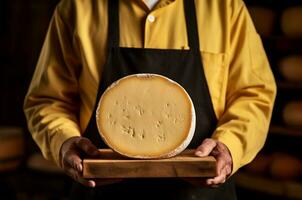 Herstellung Käse. handgefertigt. Käse macher. Mann halten ein Kopf von Käse. generativ ai foto