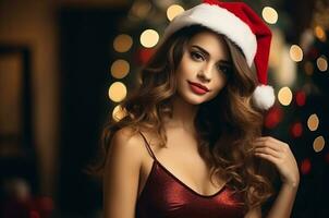 schön Frau im ein Kleid und ein Santa Hut in der Nähe von ein Weihnachten Baum. generativ ai foto