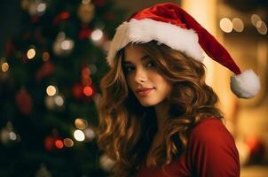 schön Mädchen im ein Santa Hut beim Weihnachten in der Nähe von das Weihnachten Baum auf ein Bokeh Hintergrund. generativ ai foto