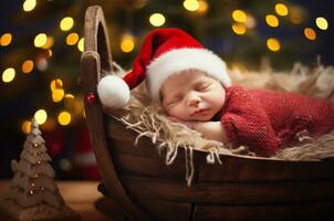 Neugeborene im ein Wiege in der Nähe von ein Weihnachten Baum. Baby es ist ein Weihnachten gegenwärtig. generativ ai foto