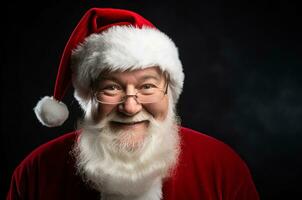 Santa claus mit Brille auf ein schwarz Hintergrund. generativ ai foto