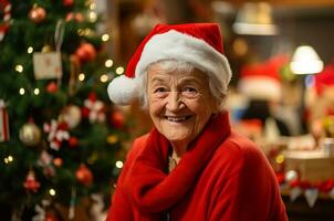 Oma im Santa Hut in der Nähe von Weihnachten Baum lächelnd. generativ ai foto
