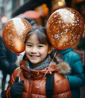 lächelnd asiatisch süß Mädchen Kind im Mantel ist glücklich und komisch mit bunt Luftballons. ai generiert foto