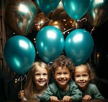 lächelnd kaukasisch Kinder ist glücklich und komisch mit bunt Luftballons. ai generiert foto