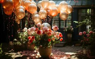 Blühen bunt Luftballons und Rosa Rosen Blumen im Jahrgang Topf dekoriert zum Party und Festival im Garten. ai generiert foto