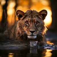 ein Nahansicht von Löwe beim Sonnenuntergang im Krüger National Park, Süd Afrika Spezies Panthera Löwe Familie von felidae generativ ai foto