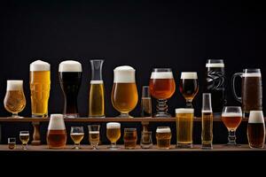 anders Typen von Bier im Brille auf ein hölzern Regal auf ein schwarz Hintergrund, Serie von Bier Brille im verschiedene Formen und Größen, gefüllt mit anders Bier Stile, ai generiert foto