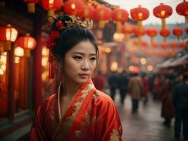 asiatisch Frau im rot Kleid cheongsam im Tempel zum Chinesisch Neu Jahr. foto
