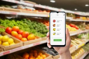 Smartphone benutzt im Lebensmittelgeschäft Geschäft Anzeigen gekauft Artikel und Preise. effizient Einkaufen App zum Verfolgung Lebensmittel und Kosten foto