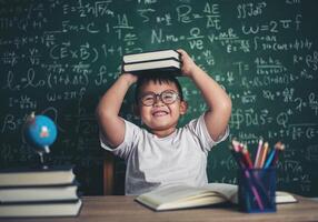 Junge mit Büchern, die im Klassenzimmer sitzen foto