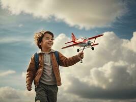 glücklich Kind mit Flugzeug draussen foto