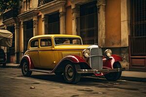 Jahrgang Auto im Havanna, Kuba. klassisch amerikanisch Auto, Seite Aussicht von Jahrgang Auto geparkt auf Straße, ai generiert foto