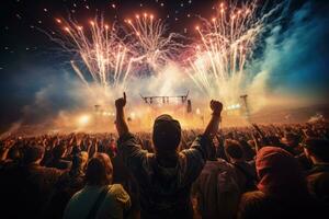 Menge Jubel beim ein Leben Konzert mit Feuerwerk explodiert im das Hintergrund, Rückseite Aussicht von das Menge Jubel beim ein Musik- Festival mit Feuerwerk im das Hintergrund, ai generiert foto