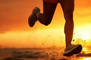 Läufer Athlet Laufen beim Sonnenaufgang Strand. Frau Fitness Joggen trainieren Wellness Konzept, Laufen beim das Strand, schließen oben von Bein, verträumt Sonnenuntergang Wirkung, ai generiert foto