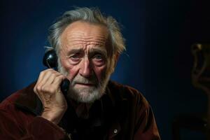 Porträt von ein Alten Mann reden auf das Telefon auf ein dunkel Hintergrund, Senior Mann auf Telefon Forderung, ai generiert foto