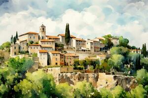 Digital Aquarell Gemälde von ein Dorf im Provence, Frankreich, Heilige paul de Vence, ai generiert foto