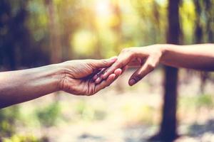 Nahaufnahme der helfenden Hand des Menschen während der Reise im Wald foto