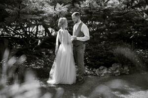Hochzeit gehen von das Braut und Bräutigam im ein Nadelbaum im Elf Zubehör foto