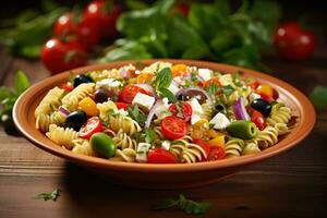 Mittelmeer Pasta Salat mit beschwingt Gemüse, Oliven, und Feta Käse foto