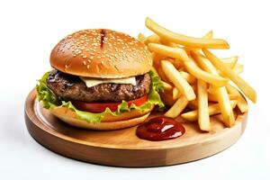 köstlich frisch lecker Burger und Französisch Fritten auf hölzern Tabelle foto