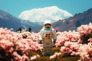 Astronaut im alpin Wiesen, im ein Feld von Rhododendren foto