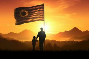 Silhouette von Vater und Sohn halten das Flagge von das Republik von das Sonne, Silhouette von Vater und Sohn halt das Flagge von Malaysia, ai generiert foto