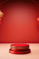 generativ ai, rot Podium mit Laterne Chinesisch Neu Jahr und Geschenk Box Produkt Stand Podium Hintergrund Sockel 3d foto