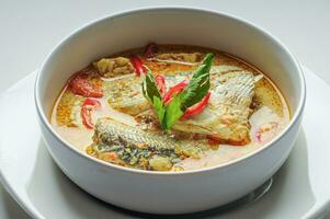 Fisch Curry Suppe im ein fertig für den Verzehr Schüssel foto