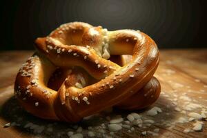 gesalzen Sanft gebacken Brezel auf hölzern Tisch. generieren ai foto