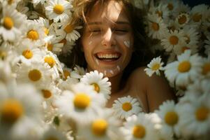 Frau Lächeln im voll Kamille Blumen. generieren ai foto