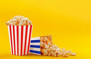 Glas mit Popcorn auf ein Gelb Hintergrund foto