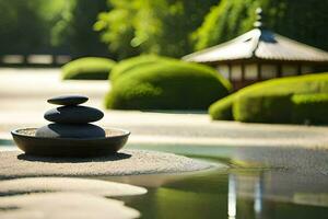 ein japanisch Garten mit ein Teich und Felsen. KI-generiert foto